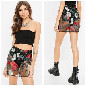 Missguided Black Mesh Floral Embroidered Skirt